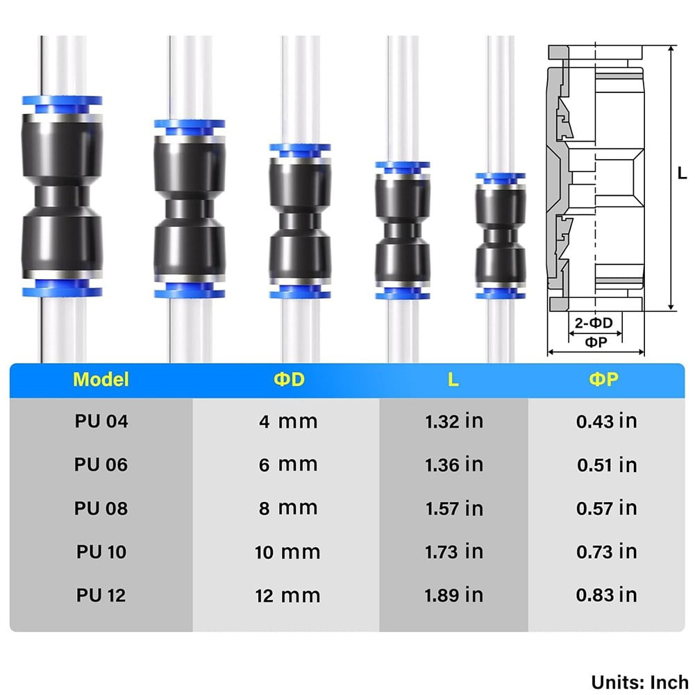 80pcs Quick Connect Straight Push Connector 5/32" 1/4" 5/16" 3/8" 1/2" inch