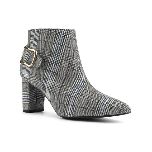 Unique Bargains Women's Plaid Point Toe Side Zip Chunky Heels Ankle Boots