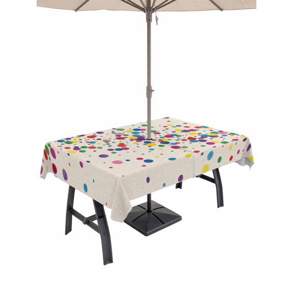 Outdoor Tablecloth with Umbrella Hole for Patio/Picnic/Party/Camping, Colorful Polka Dot Waterproof Table Cloth Rectangle Table Cover Washable, Cartoon Cute Abstract Graffiti Beige (52"x 70")