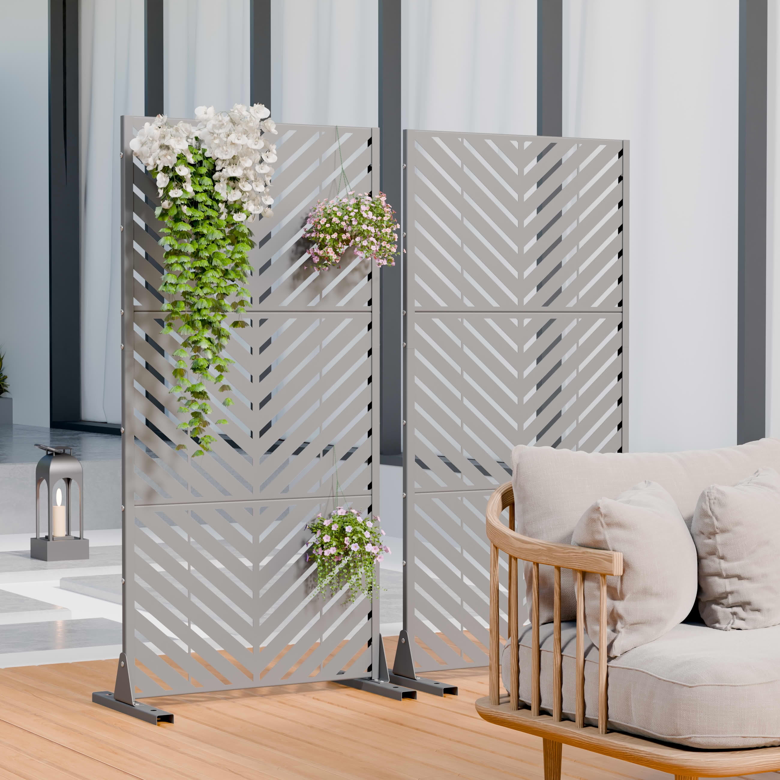 MAYEERTY 2-Piece Outdoor Metal Privacy Screen 5ft Gray, 3-Panel Parallel Decorative Screen, Rust-Resistant for Patio