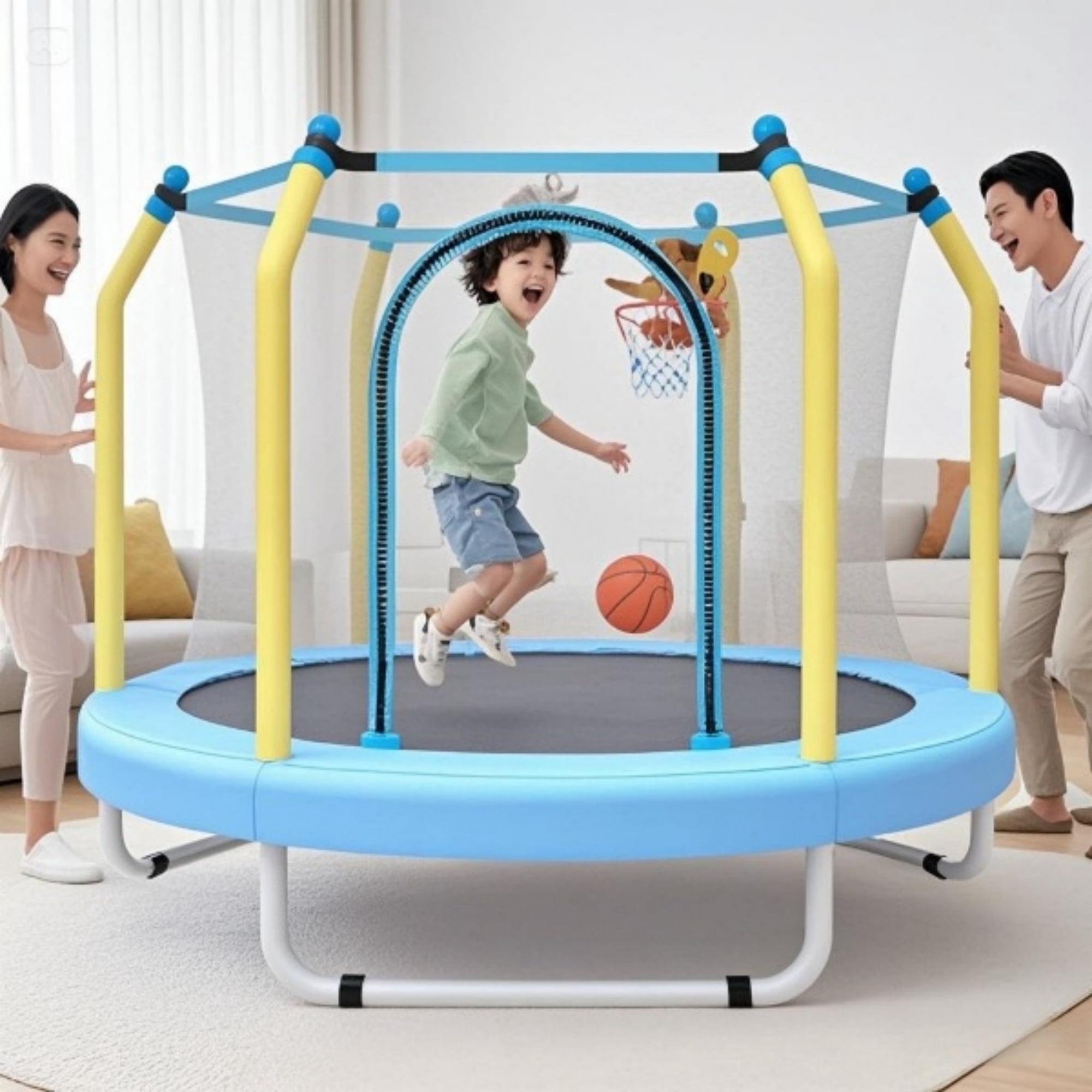 55" Toddler Trampoline with Enclosure Net, SHINPT Child's Mini Trampoline with Basketball Hoop, Round Recreational Tranpolines for Birthday Gifts, Kids Trampoline for Aged 3-6, Indoor & Outdoor