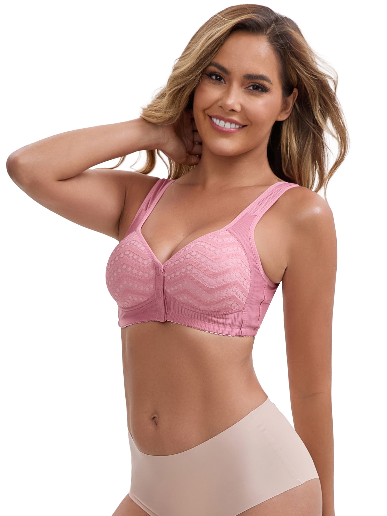 DARING DIVA Women's Lace Front Closure Push Up Wide Strap Bra XL Pink