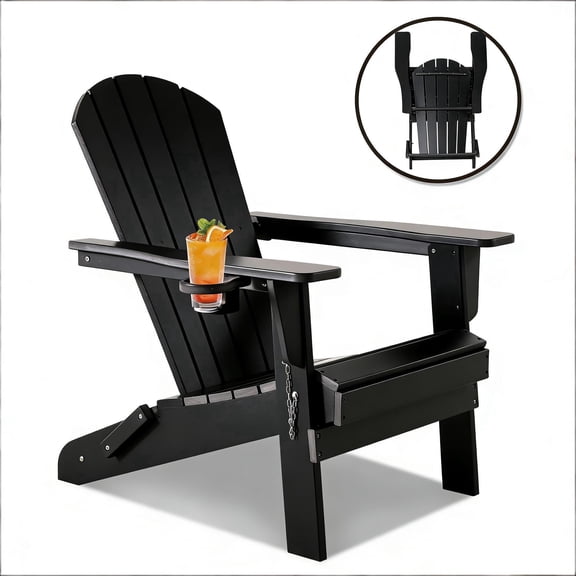 FHFO Folding Adirondack Chair,HDPE All-Weather Patio Chairs with Cup Holder for Outside, Deck, Lawn, Backyard, Garden, Black
