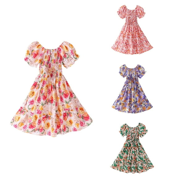 Ahuyic Little Girl Dresses,Summer Casual Dresses for Kids,Children's Summer Cotton And Short Sleeved Round Neck Long Skirt For Girls On Beach Vacation Floral Dress