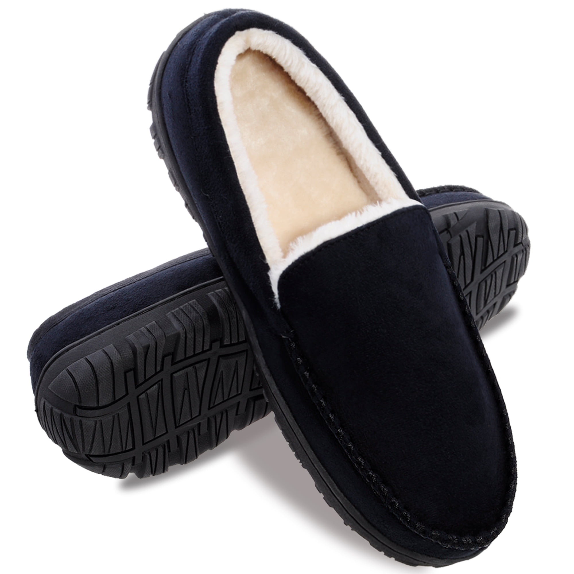 HOMEHOT House Slippers for Men's Moccasin Slippers with Rubber Hard Sole Slip on Memory Foam Slippers for Bedroom Indoor Outdoor Black 