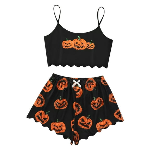 Tnhcen Women's Halloween Pumpkin Face Print Casual Loungewear Set Sleeveless Tank Top with Bowknot Shorts Crewneck Pajama Set S-XL