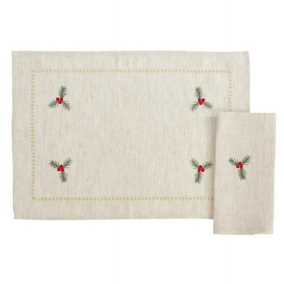 20 x 20 in. Embroidered Holly Placemat and Napkin Set (4 Placemats   4 Napkins)