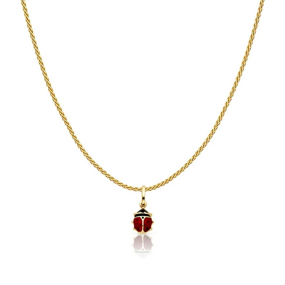 14K Yellow Gold Lady Bug Colored Enamel Lucky Charm Pendant with 0.9mm Wheat Chain Necklace - 16"