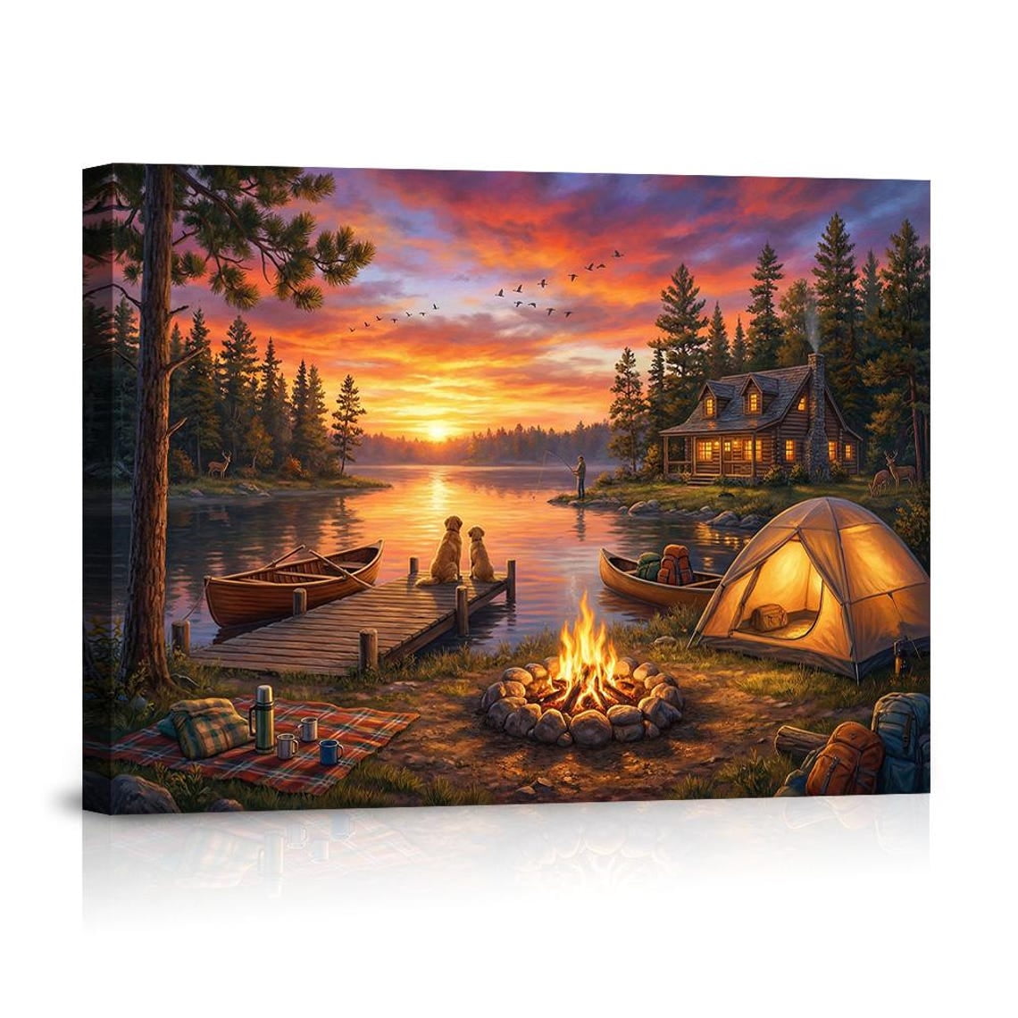 Lakefront Cabin Camping At Sunset With Campfire And Dogs Cozy Outdoor Adventure Wilderness Retreat For Home Canvas