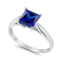 Solitaire Princess Cut Ring Blue Sapphire CZ 925 Sterling Silver Ring Size 6
