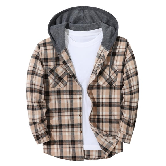 Yutgune Plus Size Flannel Shirt For Men Hooded Plaid Shacket Dual Chest Pockets Long Sleeve Shirts For Men
