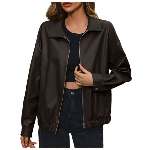 Bmisegm Women's Solid Zipper Turn Down Neck Suit Jacket PU Leather Jacket Coat Jackets for Women Coffee L