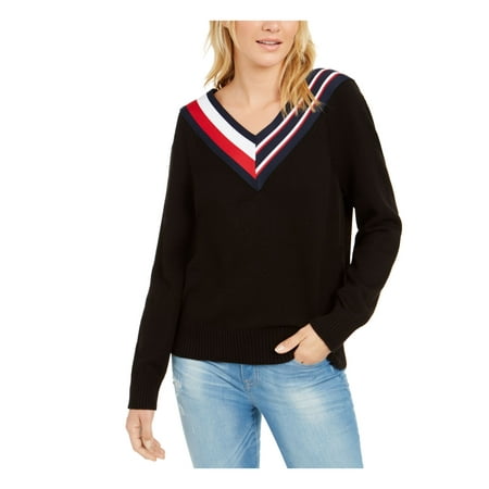 TOMMY HILFIGER Womens Black Long Sleeve V Neck Sweater Petites Size: SP