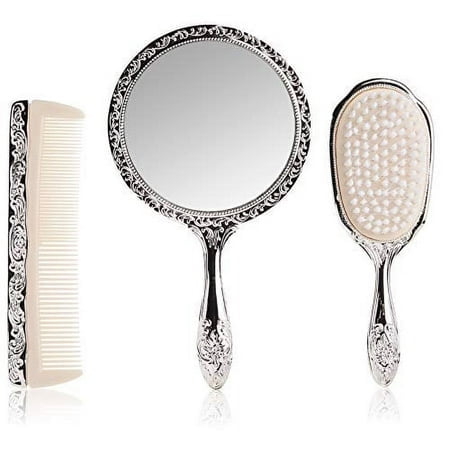 Ensemble de Coiffeuse pour Filles 3 Pcs Argent Chromé Peigne Brosse Miroir.