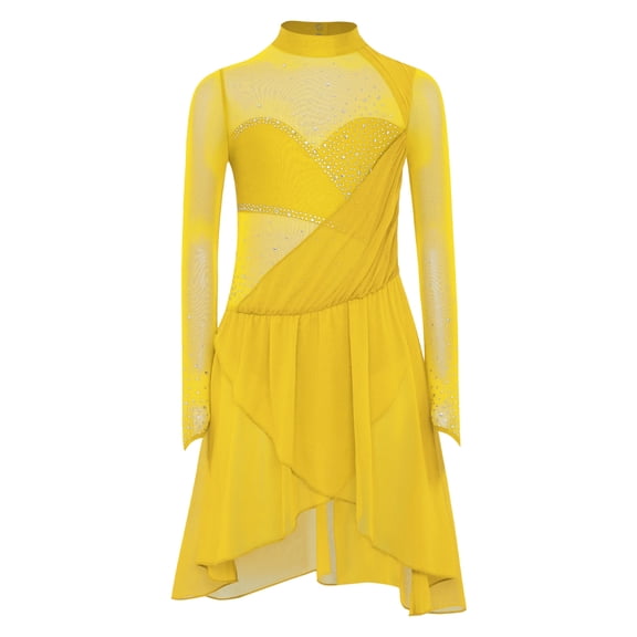 Xnihocha Girls Rhinestones Figure Skating Dance Dress Irregular Hem Lyrical Dance Dresses Competition Yellow 8