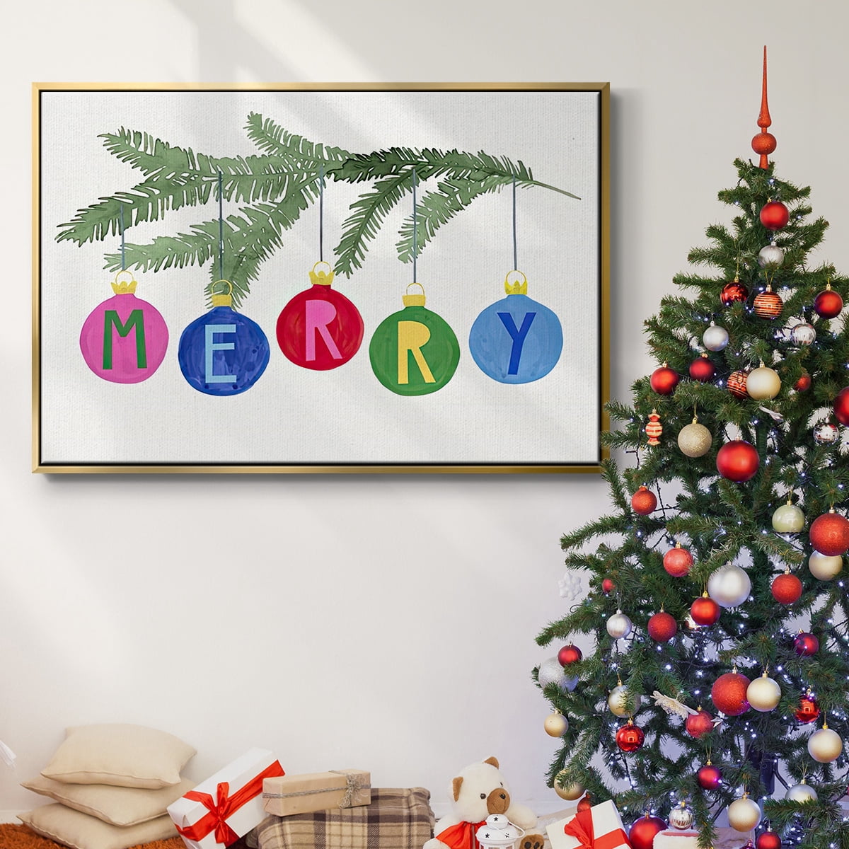 Colorful Christmas Collection A - Framed Gallery Wrapped Holiday Canvas - 27 x 41 - Gold Frame