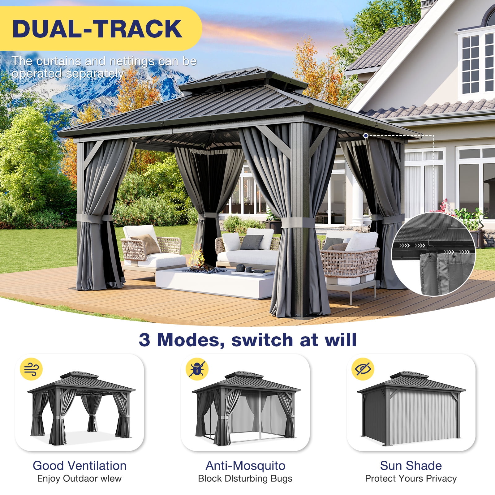 Dateyes 10x12 FT Outdoor Hardtop Gazebo, Aluminum Frame Gazebo with Removable Mesh Walls and Curtains for Patio, Lawns, Gray