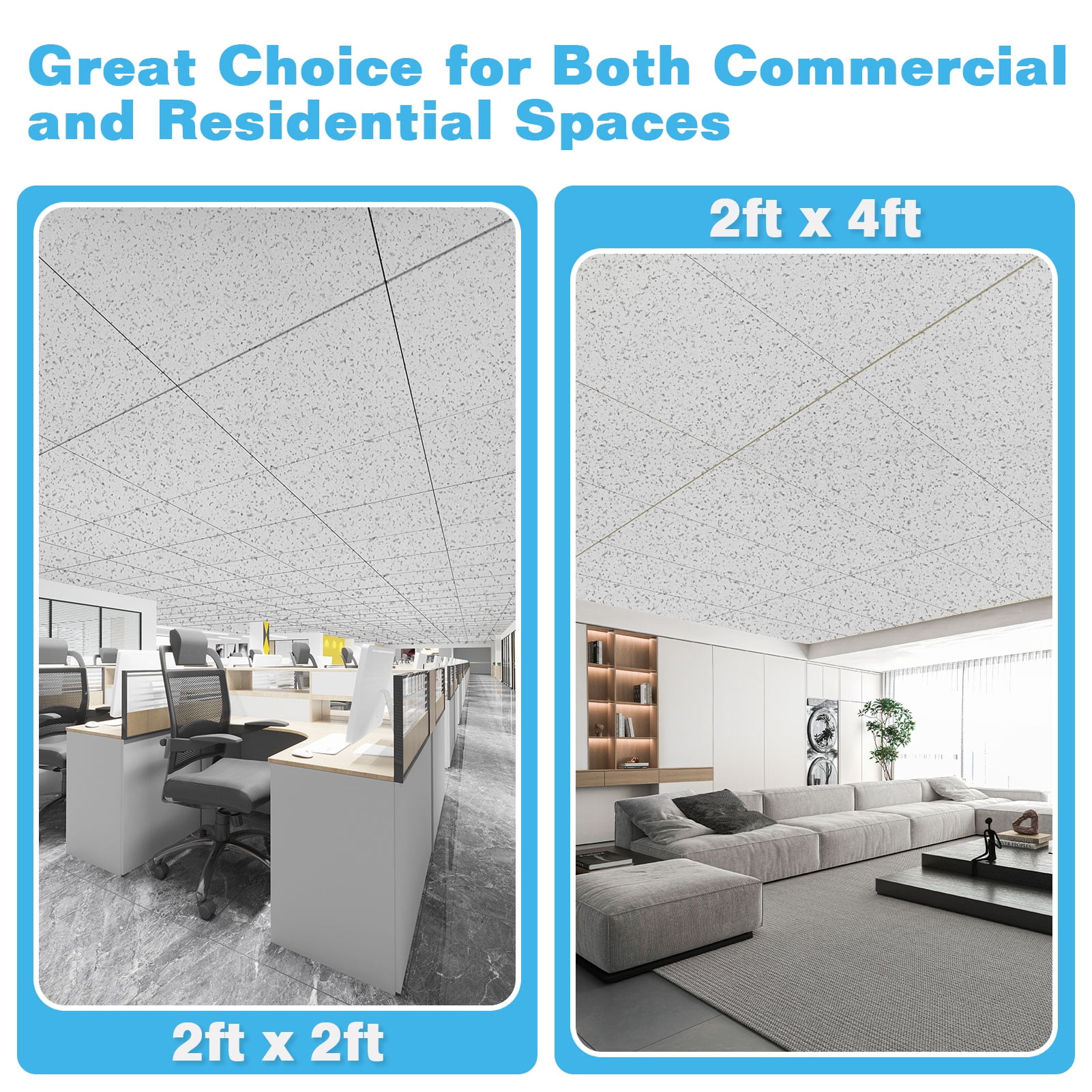 Art3dwallpanel 12-Pack 2x2ft Waterproof Ceiling Tiles, Acoustic, No-Sag Panels for Basement & Office,White Stucco Printing