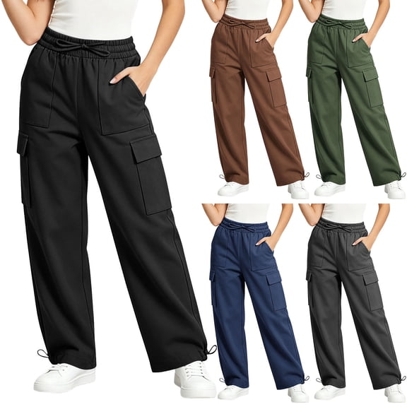 Women's Casual Solid Color Cargo Pants Straight Leg with Pockets Mid Elastic Waist Soft Comfortable Fabric Multi-Pockets Casual Business Daily Wear Outdoor Travel | VerBelle,Black L