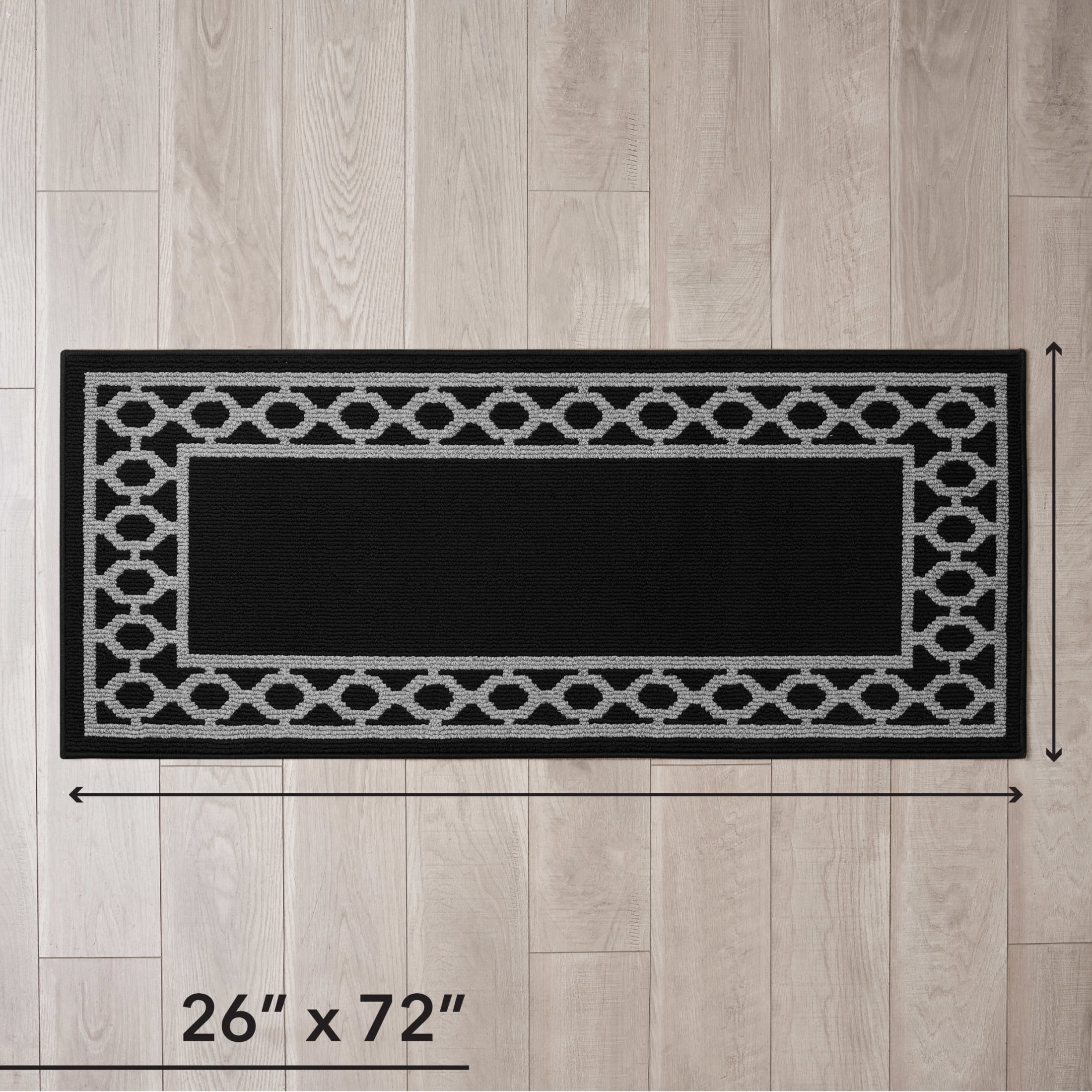 Washable Skid-Resistant Runner Rug, Trellis Border , Black and Twisted Grey , 26" x 72"