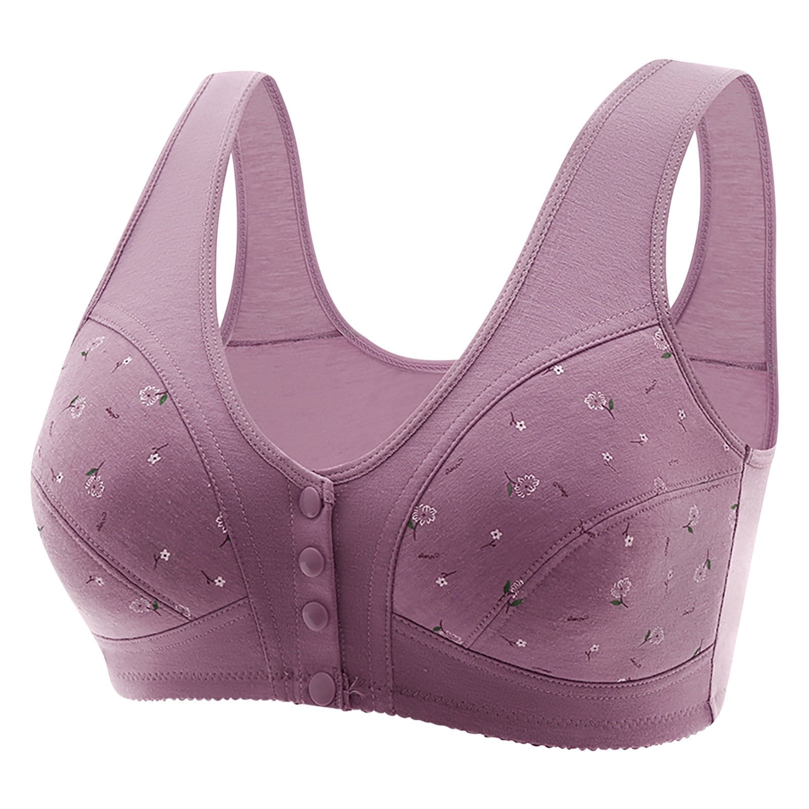 FNFYFH 3 Pack Wireless Bras for Older Women Front Close Button Daisy Printed Bras,Comfort Breathable Seamless Bra Plus Size 2025 No Underwire Womens T-shirt Bras