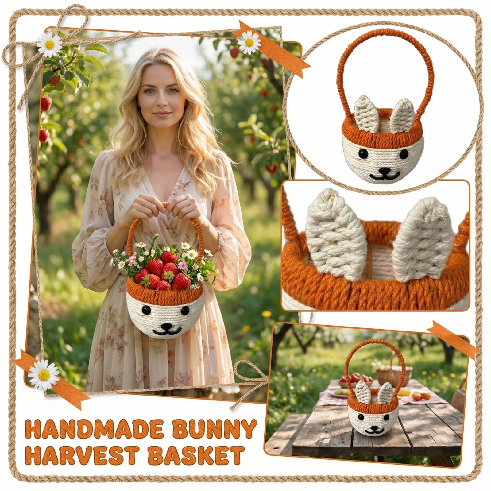 Hand Woven Iron Frame Small Flower Basket with Bunny Shape, Fruit Picking Basket, Egg Basket, Strawberry Basket, Souvenir Tote, Easter Decoration