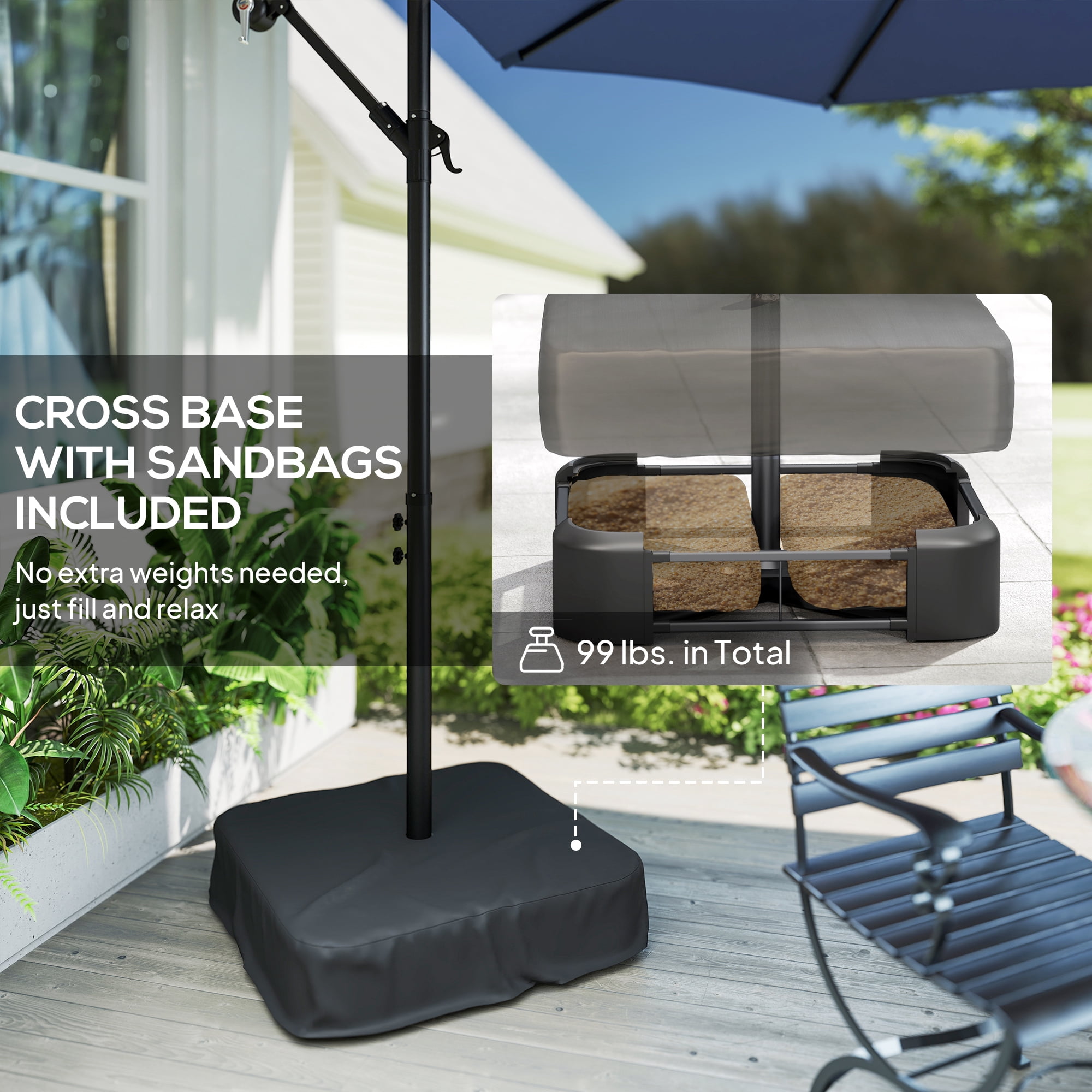 Outsunny 10 ft Cantilever Patio Umbrella with Solar LED Light, Sandbag Weight, Offset Hanging Outdoor Umbrella with Protective Cover, Dark Blue