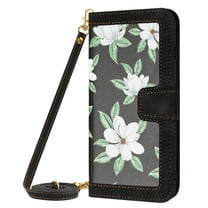 ELEHOLD Wallet Case for iPhone 14 Premium Leather Flower Floral Pattern with Card Slots Kickstand Function Crossbody Shoulder Strap Wriststrap Lanyard Folio Wallet Case,black
