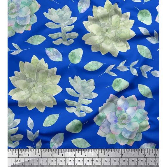 Soimoi Blue Japan Crepe Satin Fabric Leaves & Flower Floral Print Fabric by the Yard 42 Inch Wide