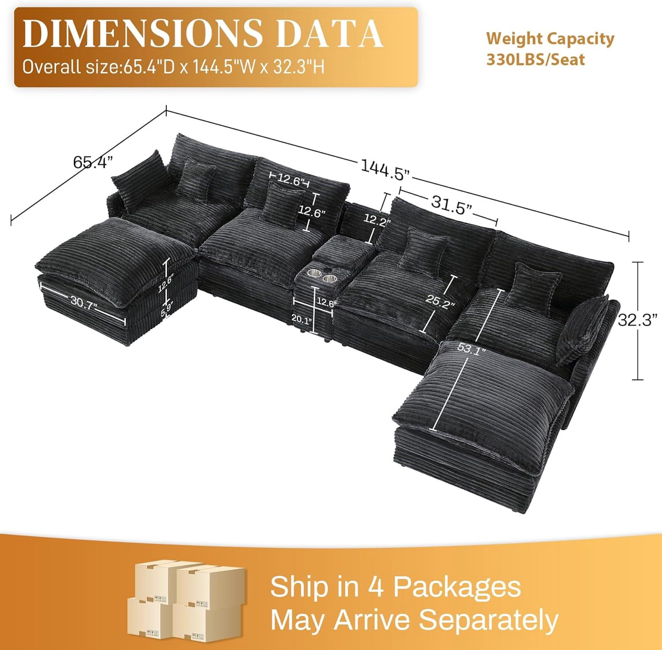 Vinform 145" U Shaped Cloud Couch Sectional with USB Charging, Hidden Storage, Cup Holders & Double Chaise, Grey