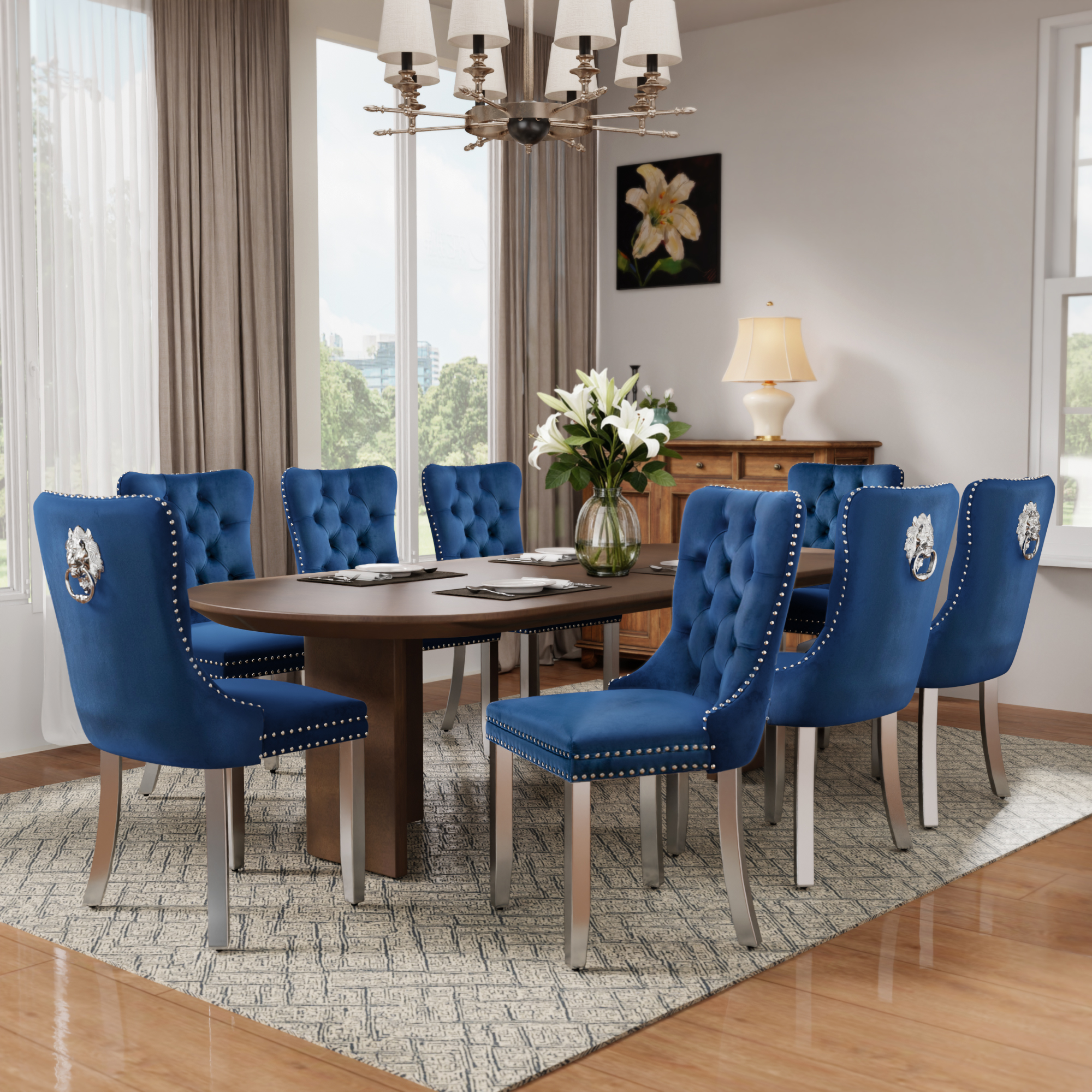 DONICK Velvet Upholstered Dining Chairs,Wing Back Side Chair Tuft Nailhead Ring Pull Metal Legs(Blue,Silver Legs,Set of 2)