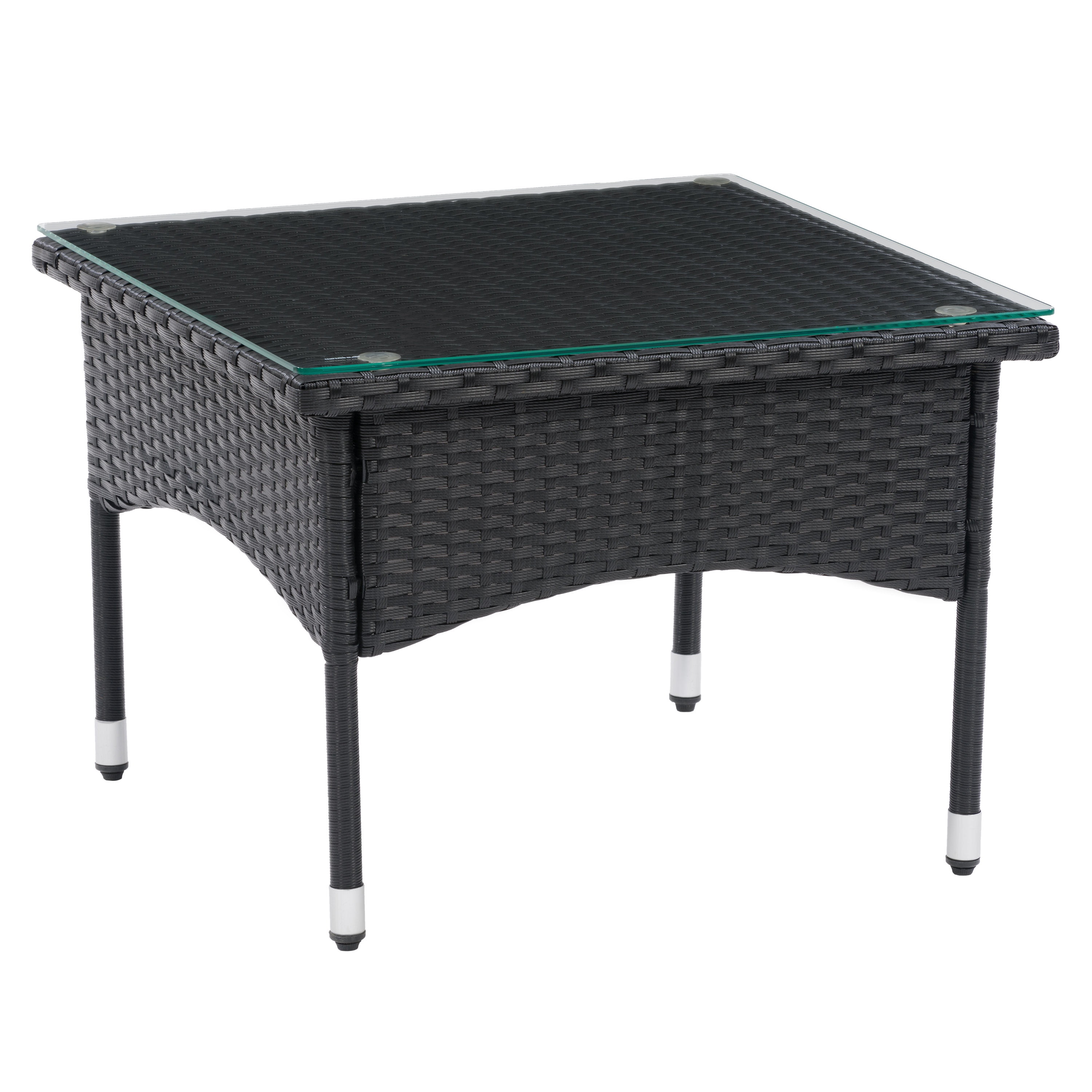 CorLiving Parksville Resin Wicker and Steel Square Outdoor End Table with Glass Top, Black
