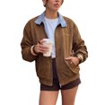thumbnail image 2 of INSPIRE CHIC Women's Plaid Faux Coat Suede Contrast Color Zip Up Elastic Cuffs Bomber Jacket Large Brown, 2 of 6