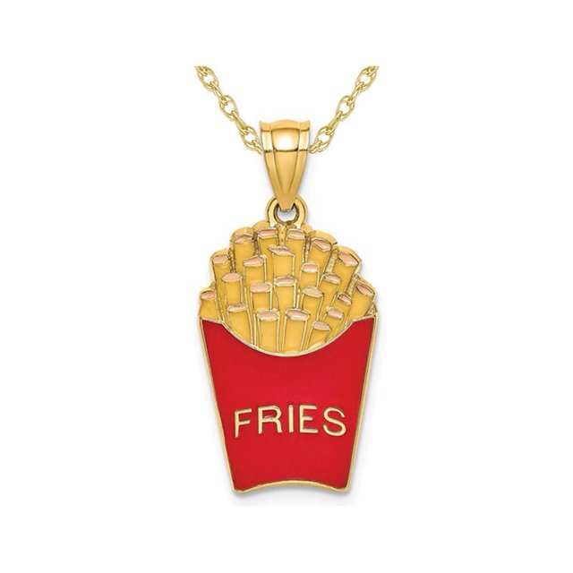 14K Yellow Gold Red Enamel French Fries Charm Pendant Necklace with Chain