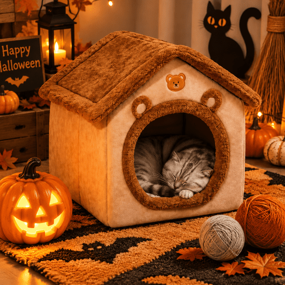 YANGXIN Washable Cat Cave Bed & Dog Bed, Cozy Foldable Pet House with Removable Cushion, Non-Slip Bottom, Machine Washable Cover for Small to Medium Pets