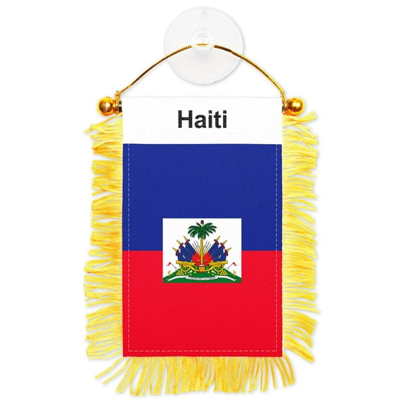 G128 Haiti Haitian Fringy Flag | Fringy Hanging Double Sided Flag with Suction Cup, Window and Car Rearview Mirror Decor