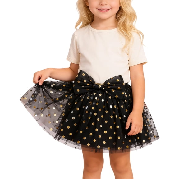 SonxaHe Toddler Girls Skirt Bowknot Polka Dot Sequins Mesh Skirt Children Holiday Loose Ballet Party Skirts Black,Sized 2-3