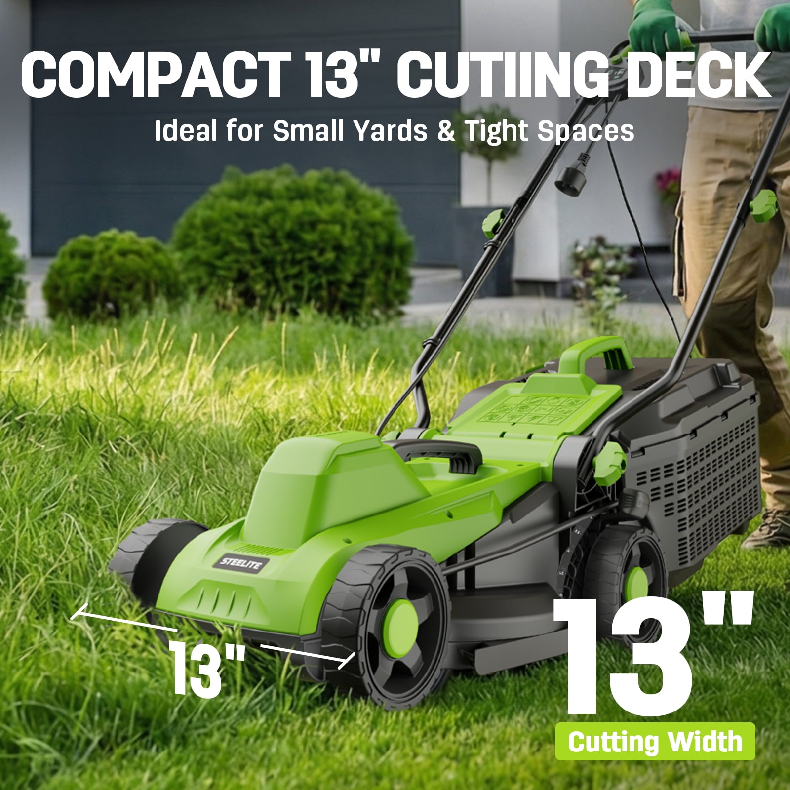 Steelite 13 Inch 11-Amp Corded Electric Lawn Mower, Corded Push Lawn Mower with 5-Position Cutting Height Adjustment,8-Gallon Collection Bag,Lightweight Grass Cutter Machine for Lawn Care