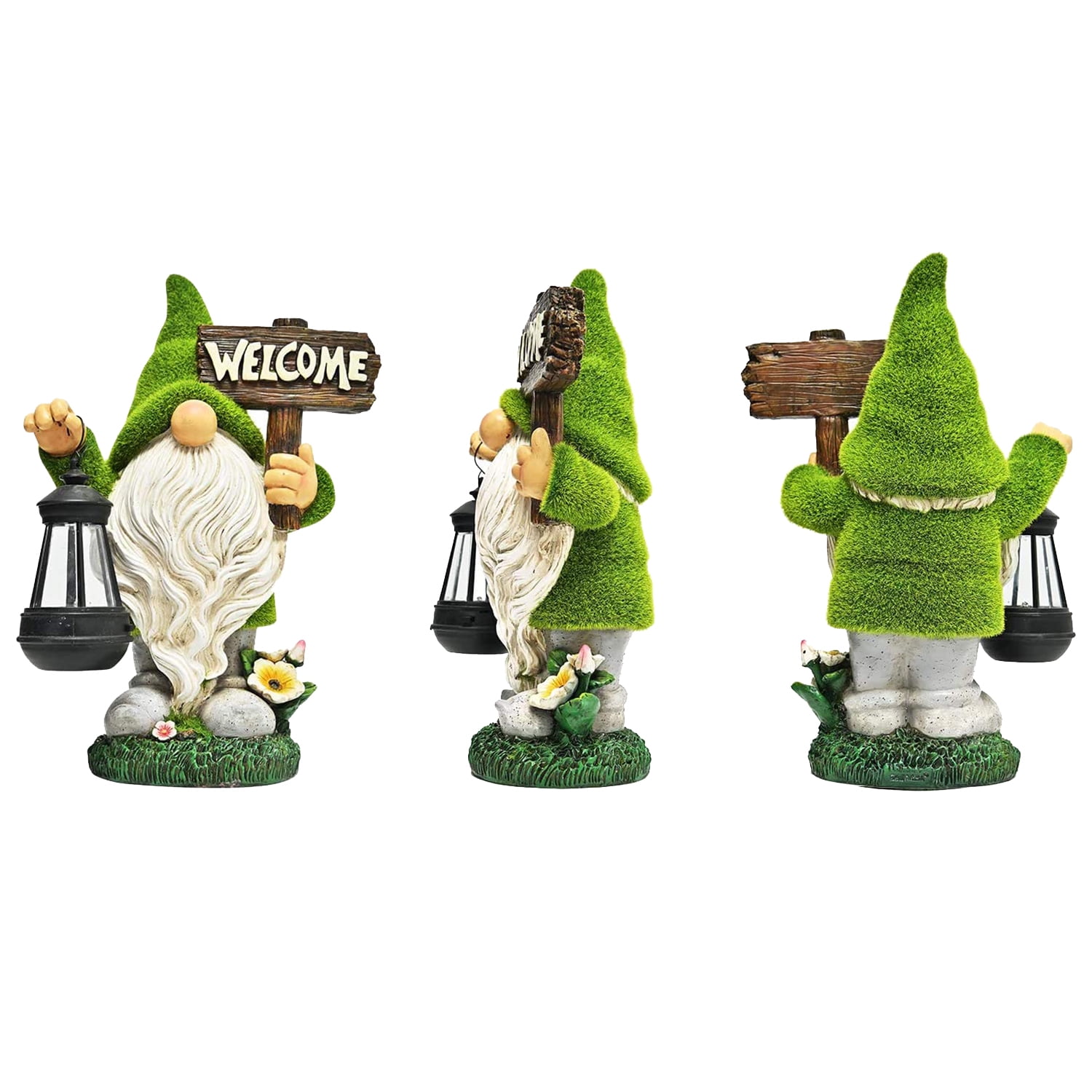 Garden Gnome Statue Outdoor Decor Large Flocked Resin Gnome Figurine with Solar Light Holding Lantern Welcome Sign Garden Yard Decorations Dwarf Sculpture for Outside Patio Porch Lawn Decor.