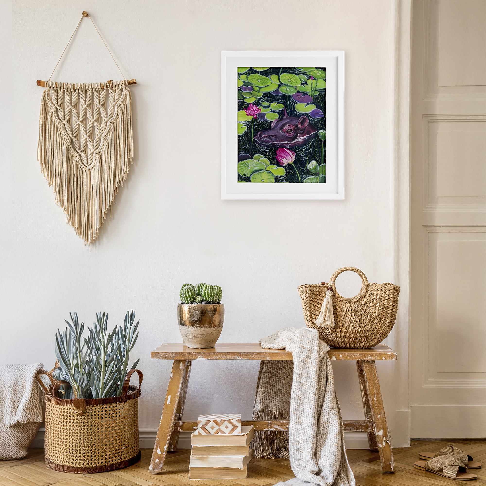 Stupell Industries Hippo & Blossoms Pond White Framed Print Under Glass, design by Sarah Waldron Kimball