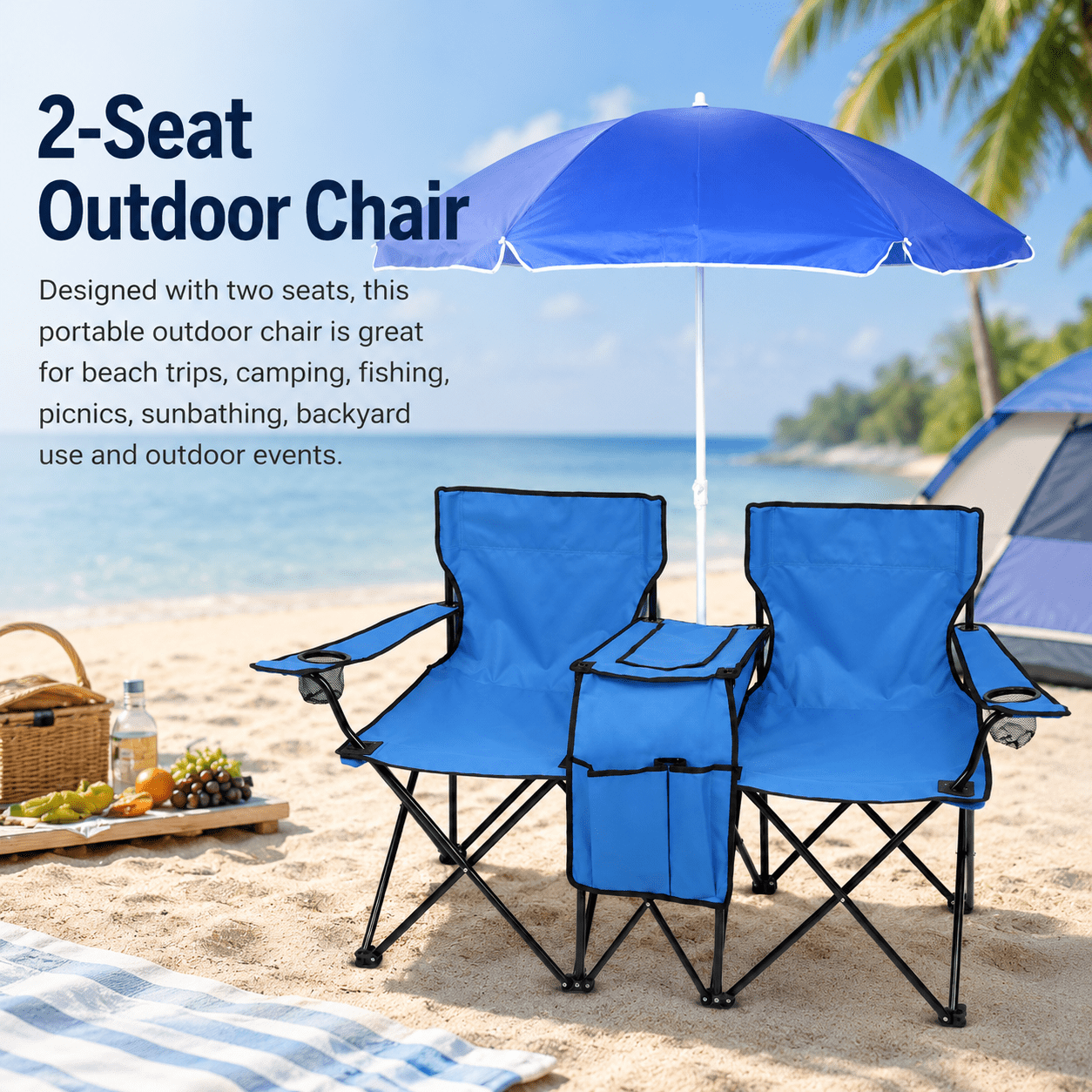 Alvantor 2-Seat Outdoor Folding Chair with Removable Sun Umbrella, Blue
