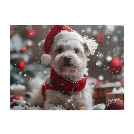 500-Piece Wooden Jigsaw Puzzle for Adults & Families - Christmas Dog Santa Hat Fun & Educational Brain-Teasing Game Artistic Home Decor