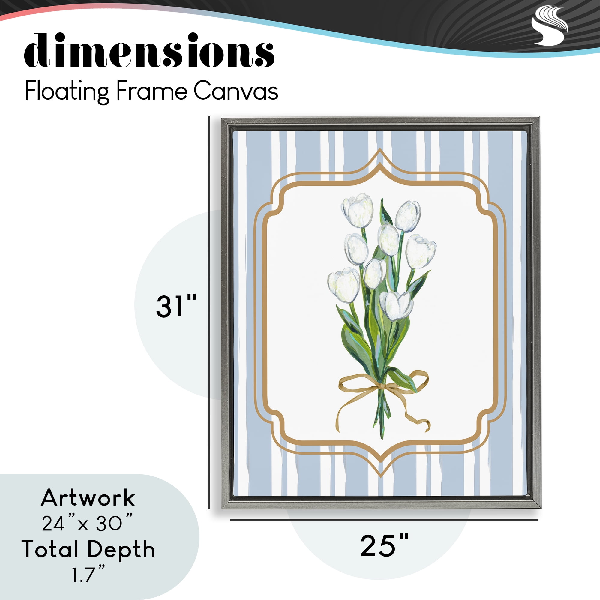 White Tulip Bouquet & Stripes Gray Framed Floater Canvas Wall Art, design by Adonna Ebrahimi
