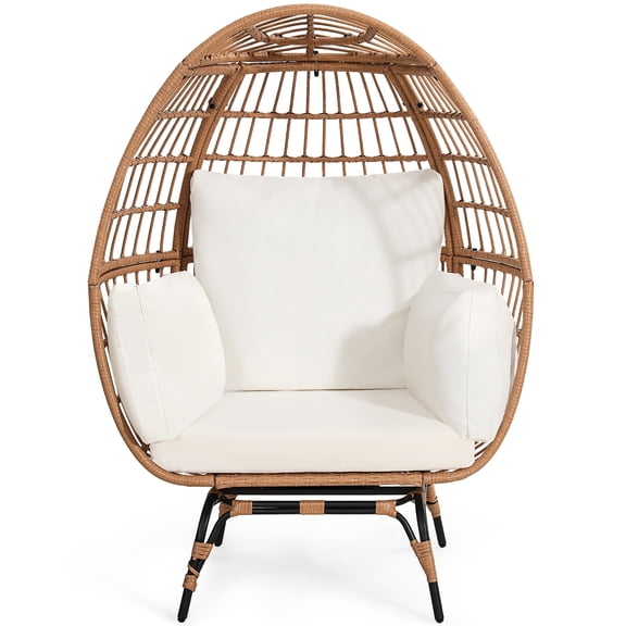 LOGYAT  Oversized Rattan Adult Egg Chair, 360 Swivel, Outdoor Patio Chair with overstuffed Cushions, Indoor Large Wicker Egg Chair, Natural Rattan, Beige Cushion