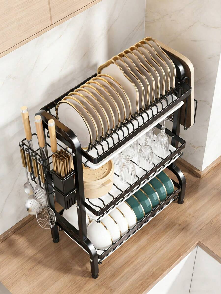 3-Tier Over Sink Heavy Duty Stainless Steel Dish Drying Rack, Rustproof Extra-Large Capacity Non-Slip Kitchen Counter Organizer, Removable Drainboard With Utensil Knife Cup Cutting Board Holder
