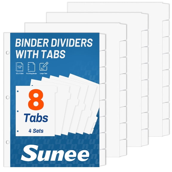 SUNEE Blank Paper Binder Dividers with 8‑Tabs, Letter Size 8.5 x 11 Inch, 3‑Hole Punched, 4‑Set Total 32 Dividers for 3 Ring Binder, Customizable Blank Tabs for Document Organization