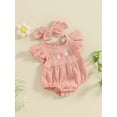 thumbnail image 4 of Musuos Baby Girls Summer Romper 3M 6M 12M 18M Flower Embroidery Flying Sleeve Round Neck Jumpsuit with Bow Headband 2 Pcs Set, 4 of 10