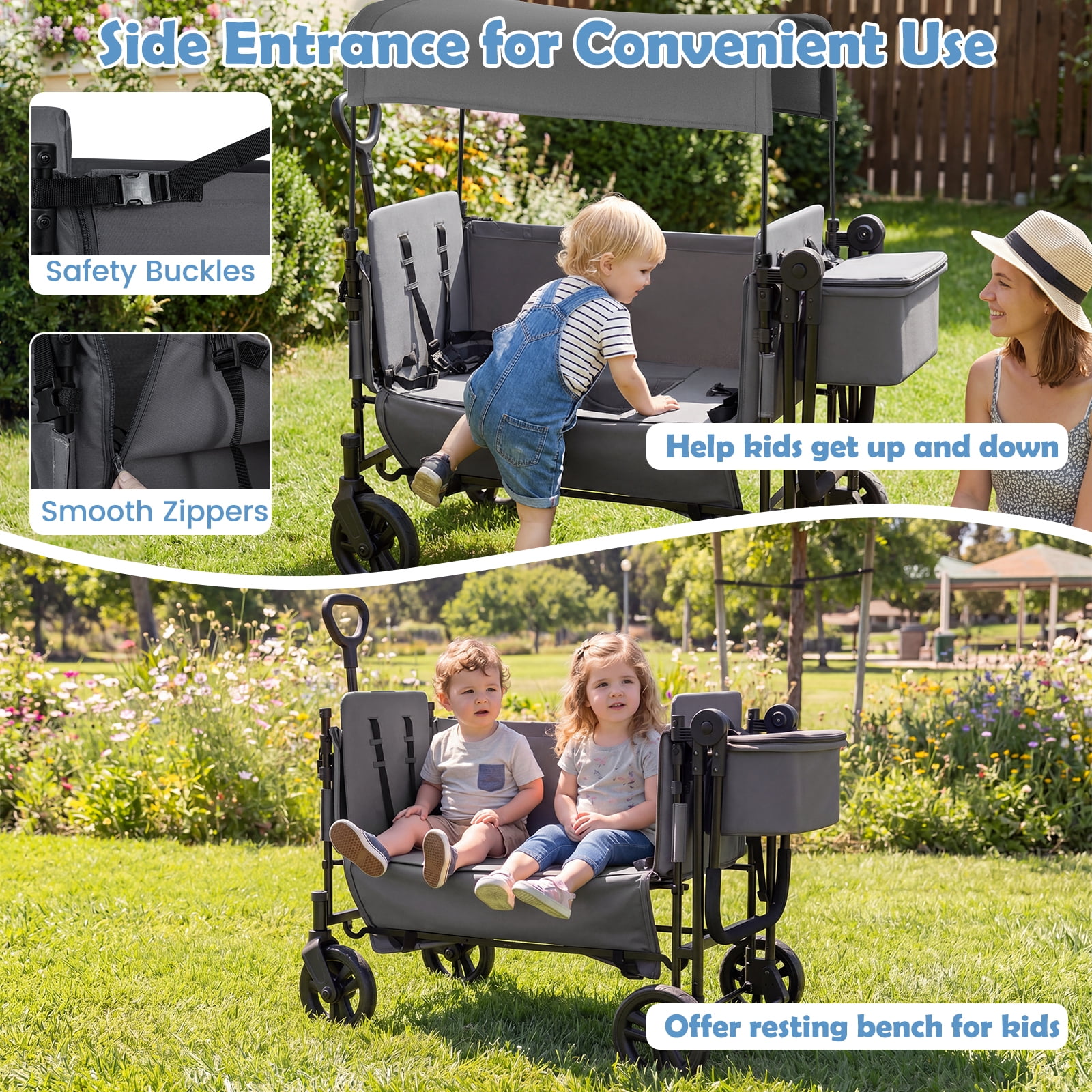 Babyjoy Foldable Wagon Stroller ,Baby Stroller with Removable Canopy,Adjustable Handle Gray