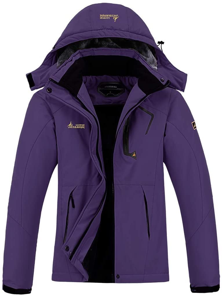 Women's Waterproof Ski Jacket Fleece Windproof Mountain Winter Snow Jacket Warm Outdoor Sports Rain Coat with Removable Hood 