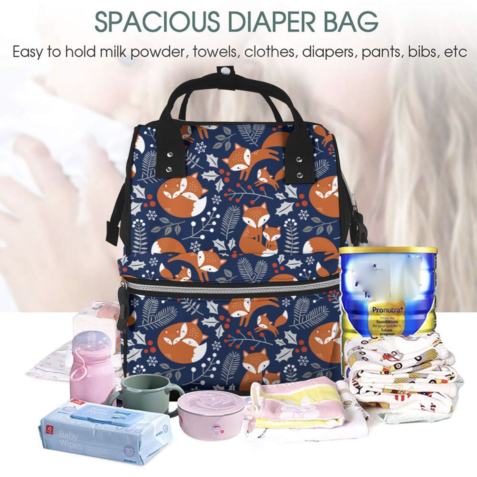 Fuzoiu Vintage Blue Fox Family Print Diaper Bag Backpack,Baby Essentials Travel Tote,Multi function Waterproof Diaper Bag, Travel Essentials Baby Bag - Unisex
